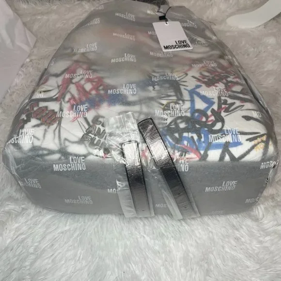 LOVE MOSCHINO White Graffiti Leather Backpack - Picture 10 of 15